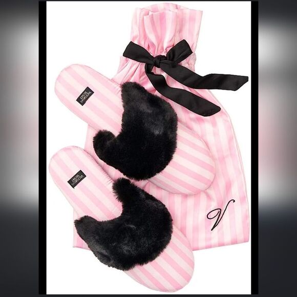 VICTORIA'S SECRET SIGNATURE SATIN SLIPPERS PINK STRIPE WITH FAUX FUR SLIPPER - Picture 4 of 13